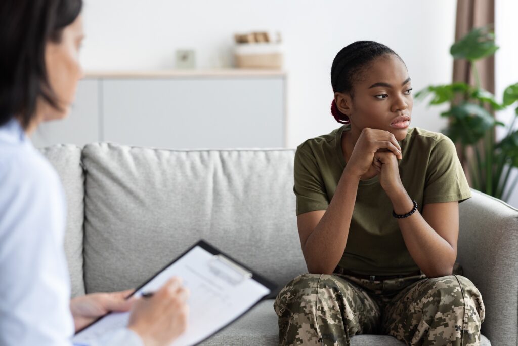 a woman with ptsd in therapy