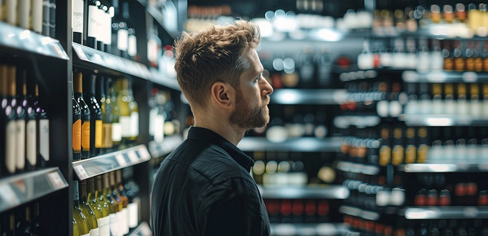 a man staring at alcohol bottles